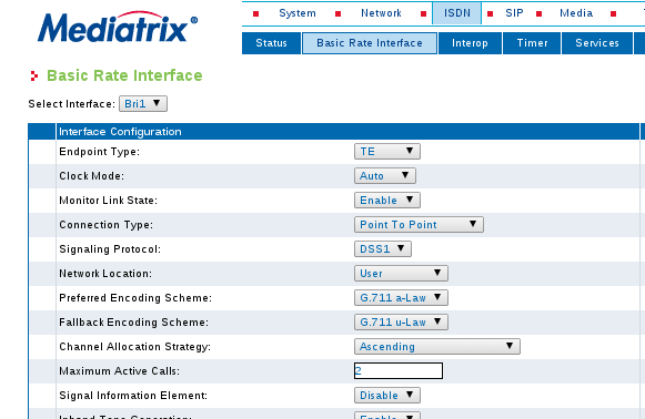 In ISDN -> Basic Rate Interface configurare in caso di porte ISDN il tipo, punto-punto o punto-multipunto, in Connection Type e il massimo numero di canali in Maximum Active Calls, due per isdn ad