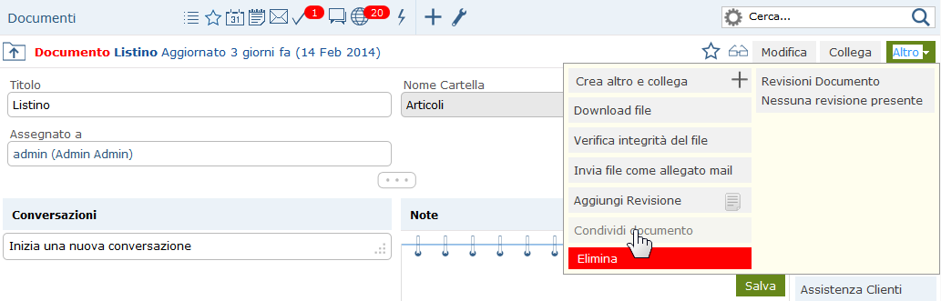 5.6.1 Revisione e condivisione documenti E possibile gestire le revisioni di un documento attraverso il pulsante Aggiungi Revisione all interno della scheda documento.