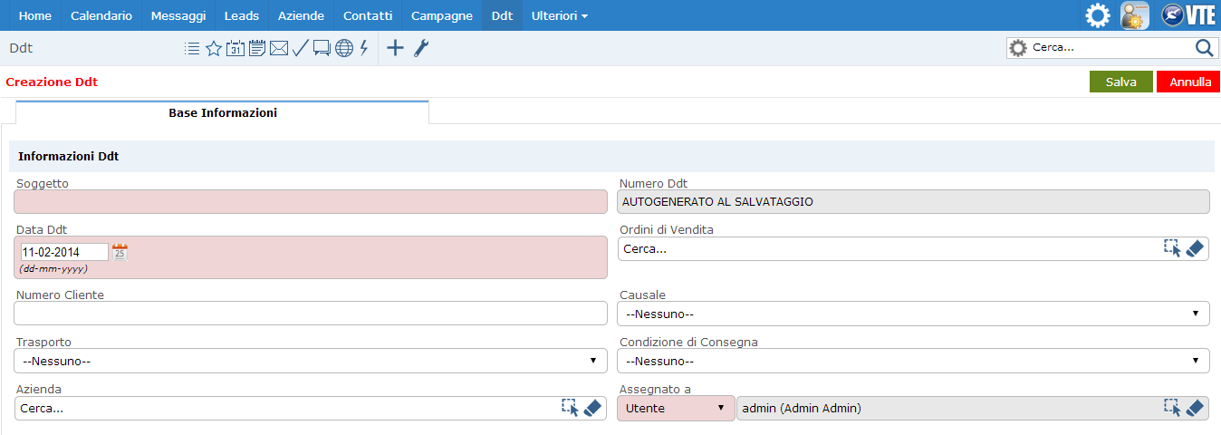 8.6 DDT Il modulo DDT serve per gestire i documenti di trasporto ed è l ultimo passaggio nel ciclo vendite-amministrazione. Inserire i campi principali ed i prodotti relativi alla spedizione.