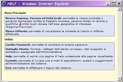 Esempio di Help in linea del programma: in ogni pagina è presente il tasto Help che illustra le caratteristiche