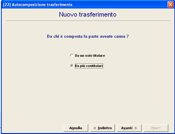 Cliccare Nuovo nella maschera Autocomposizione trasferimento, selezionare se trattasi di Persona fisica o Giuridica e quindi completare con i dati del titolare (nome e cognome/denominazione o ragione