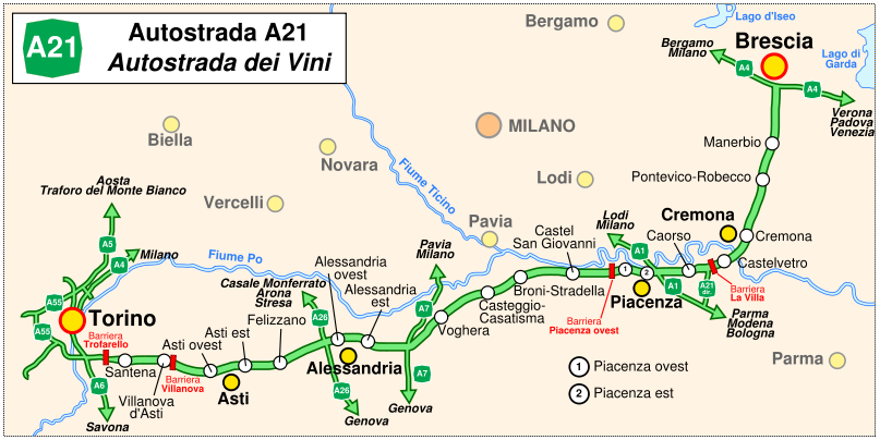 3.2 Inquadramento territoriale del tracciato autostradale L autostrada A21 si snoda nel nord Italia collegando Torino a Brescia, il tratto Torino Piacenza costituisce un collegamento tra il Piemonte