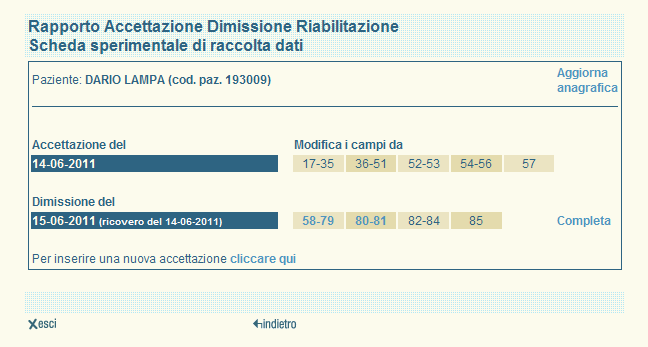 schermata è possibile aggiornare l anagrafica, modificare alcuni campi dell accettazione o della dimissione e, cliccando sul pulsante completa, scaricare in formato pdf i dati del paziente inseriti.