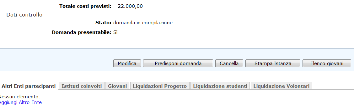 Pag. 14/22 Modifica: per rendere i campi editabili dall utente; Predisponi domanda: per predisporre la domanda alla creazione del documento in formato.