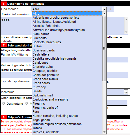 Step 6: DESCRIZIONE DEL CONTENUTO Inserire la descrizione del contenuto della spedizione e la quantità.