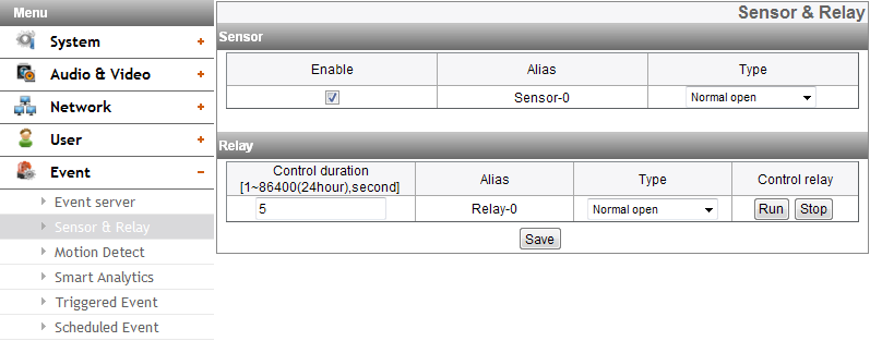 Sensor & Relay Motion Detect Sensor Relay > > Enable: Contrassegna quando si desidera attivare il sensore. > > Alias: Visualizza il nome del sensore. > > Type: Seleziona il tipo di sensore.