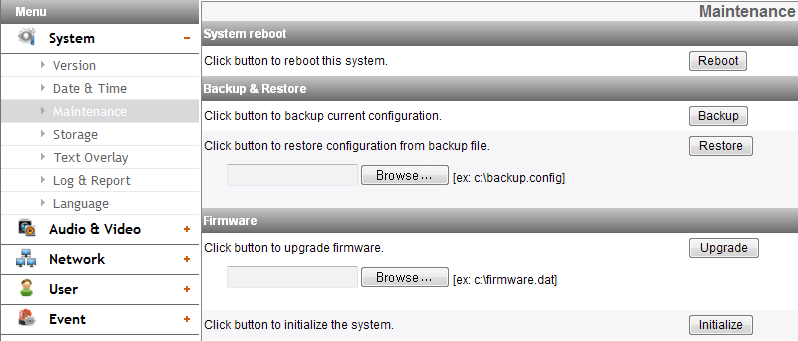 Impostazioni del sistema Maintenance Version Visualizza il nome del modello, software, ISP e versione MCU corrente.