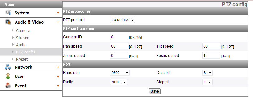 Audio PTZ config (Opzionale) Audio In > > Enable: Attiva la casella di spunta quando si intende trasmettere l audio dal connettore di ingresso del microfono.