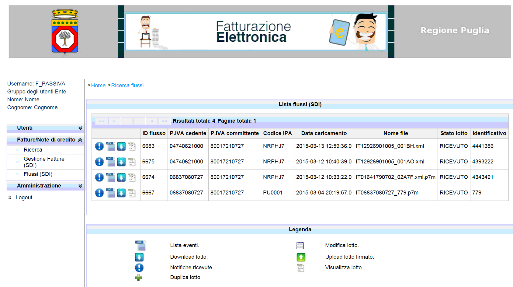 Figura 6 Ricerca flussi Figura 7 Lista flussi Il flusso è un file in formato XML (extended Markup Language) che contiene una o più fatture al suo interno (poiché accomunate dallo stesso trasmittente,