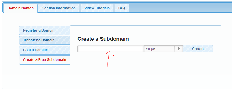 6. Scegliete il vostro nome di dominio e il dominio (eu.pn o me.pn), quindi fate clic su Create a Subdomain 7.