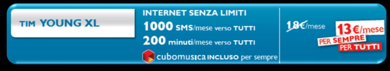 Per i clienti TIM è previsto un costo di attivazione di 19 una tantum. La promozione si affianca all attuale offerta TIM YOUNG XL a 18 /mese che rimane attivabile per l intero periodo.