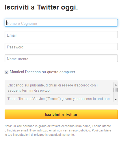 Si apre la pagina che contiene il seguente form, in cui si inseriscono i dati per la registrazione: N.B.