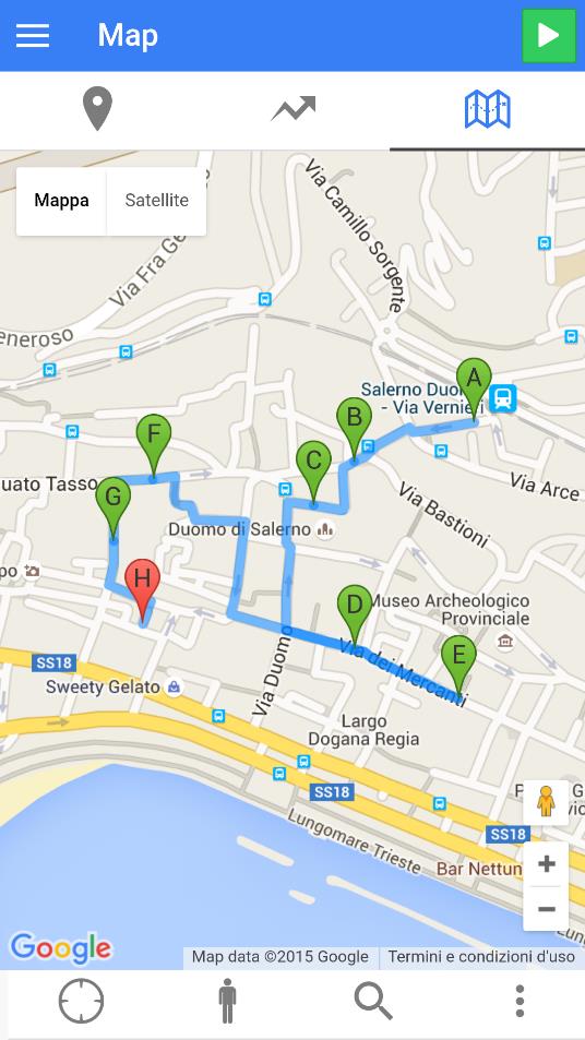 SmartApp Salerno: Itinerario su mappa Viene proposto il percorso ottimizzato più veloce, rappresentato da marcatori che seguono l ordine alfabetico.