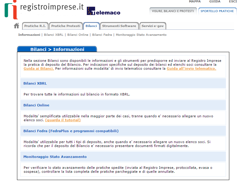 A questo punto occorre cliccare su Bilanci e verrà visualizzata la seguente maschera relativa alla nuova versione completamente rinnovata per la deposito bilanci 2016.