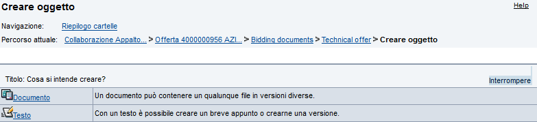 Creazione Offerta Area Tecnico/Collaborativa Offerta Tecnica Fare click su "Documento" per allegare la documentazione tecnica di gara (sono accettati tutti i formati di file.