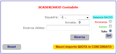 2: Lo Scadenzario. La funzione permette di controllare il pagamento delle quote di iscrizione da parte degli Atleti.