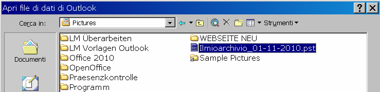 2. Scegli nella finestra di dialogo»apri file di dati di Outlook«la cartella, nella quale con l'archiviazione hai salvato il file *.