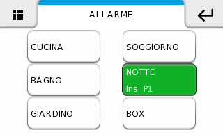 ALLARME ALLARME DISINSERIMENTO IMPIANTO ANTINTRUSIONE () Accedere al menù allarme e premere l'icona per accedere al menù opzioni allarme. Selezionare l'area interessata al disinserimento.