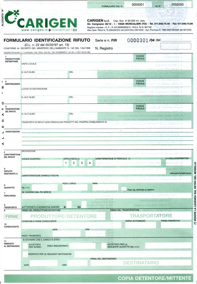 Documenti per il trasporto rifiuti Registro di carico e