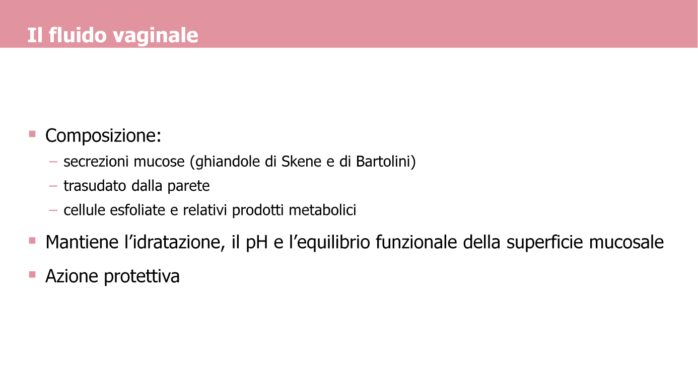 Il fluido vaginale è composto da secrezioni mucose (ghiandole di Skene e di Bartolini), trasudato dalla parete, cellule esfoliate provenienti dalla cervice uterina e dalla vagina stessa,