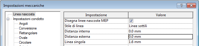 Se non è necessario per la documentazione durante l'utilizzo con linee nascoste in una vista, impostare il valore del parametro Mecc nascosto per le opzioni Distanza interna e Distanza esterna su 0