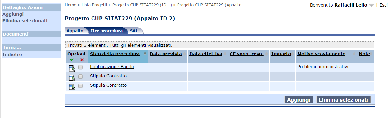 5.8 Appalti La maschera degli appalti si presenta come una pagina a lista in cui è possibile vedere le informazioni principali ed eliminare gli appalti presenti, modificarli o aggiungerne di nuovi