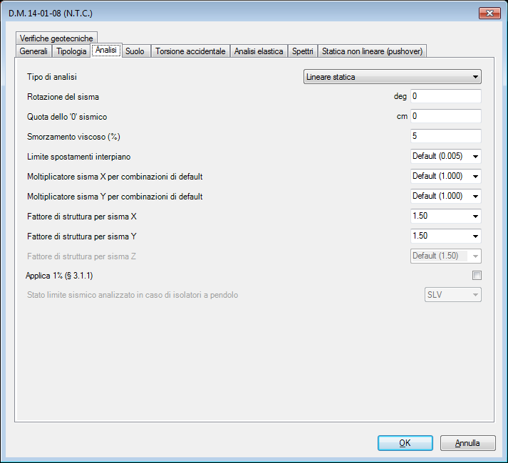 Valutazione dello stato di fatto Suggeriamo inoltre di controllare i fattori di struttura da considerare nell analisi, che in questo caso vengono forzati per prudenza a 1.5 (valore minimo di norma).