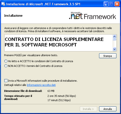 Dopo qualche istante di attesa si avvierà l installazione di Microsoft.NET Framework 3.5 SP1, come nella figura seguente, accettare le condizioni di contratto e premere il pulsante Installa.