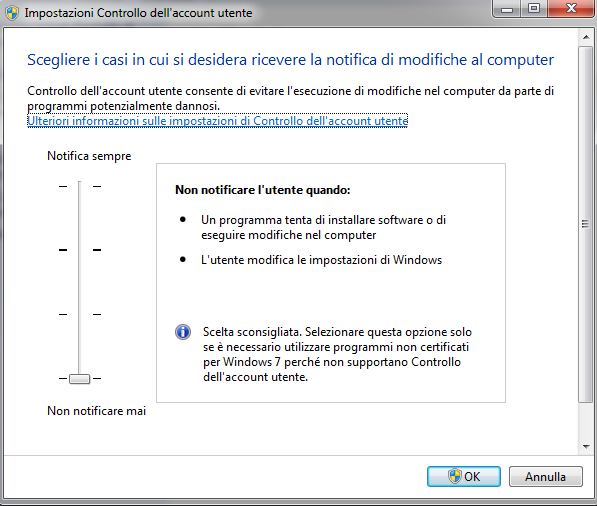 Per i computer con sistema operativo Windows Vista o Windows 7, è necessario, qualora non sia già stato fatto, disabilitare il Controllo account utente.