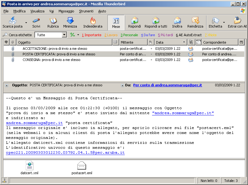 Esempio invio / ricezione PEC versione 0.3 5 Esempio invio / ricezione PEC Vediamo un esempio di un invio / ricezione di un messaggio di posta elettronica certificata.