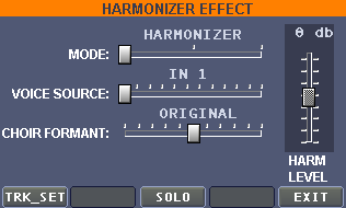 Tornando al riquadro HARMONIZER EFFECT: Selettore modalità di utilizzo Slider per regolare il volume dell effetto armonizzatore Selettore sorgente di elaborazione dell armonizzatore Selettore per