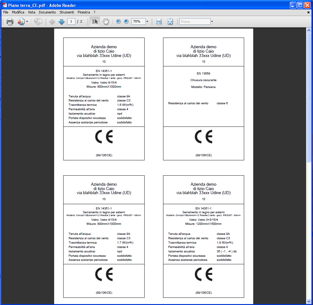 Marcatura CE - etichetta, foglio contenente tutte le etichette CE (4 per foglio A4) relative alle tipologie di infissi della commessa, pronte per