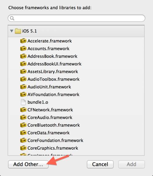 4. Navigare sino a trovare il file di libreria libadglibrary.a precedentemente scompattato 5. Aggiungere i framework standard: a. CoreLocation.framework b. CoreTelephony.framework c.