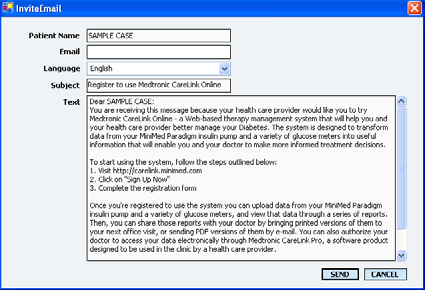 2 Accertarsi che tutti i campi obbligatori della sezione Patient Profile (Profilo paziente) siano compilati. 3 Fare clic su SEND E-MAIL INVITATION TO PATIENT (INVIA RICHIESTA EMAIL A PAZIENTE).