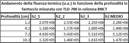 Nella figura 30 è rappresentata, per ogni profondità, la media dei risultati ottenuti con i diversi TLD.