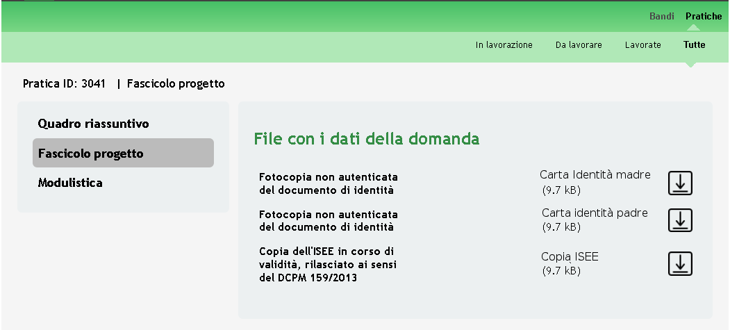 Figura 24 Quadro Riassuntivo Fascicolo progetto: contiene i documenti che vengono caricati e scaricati dall