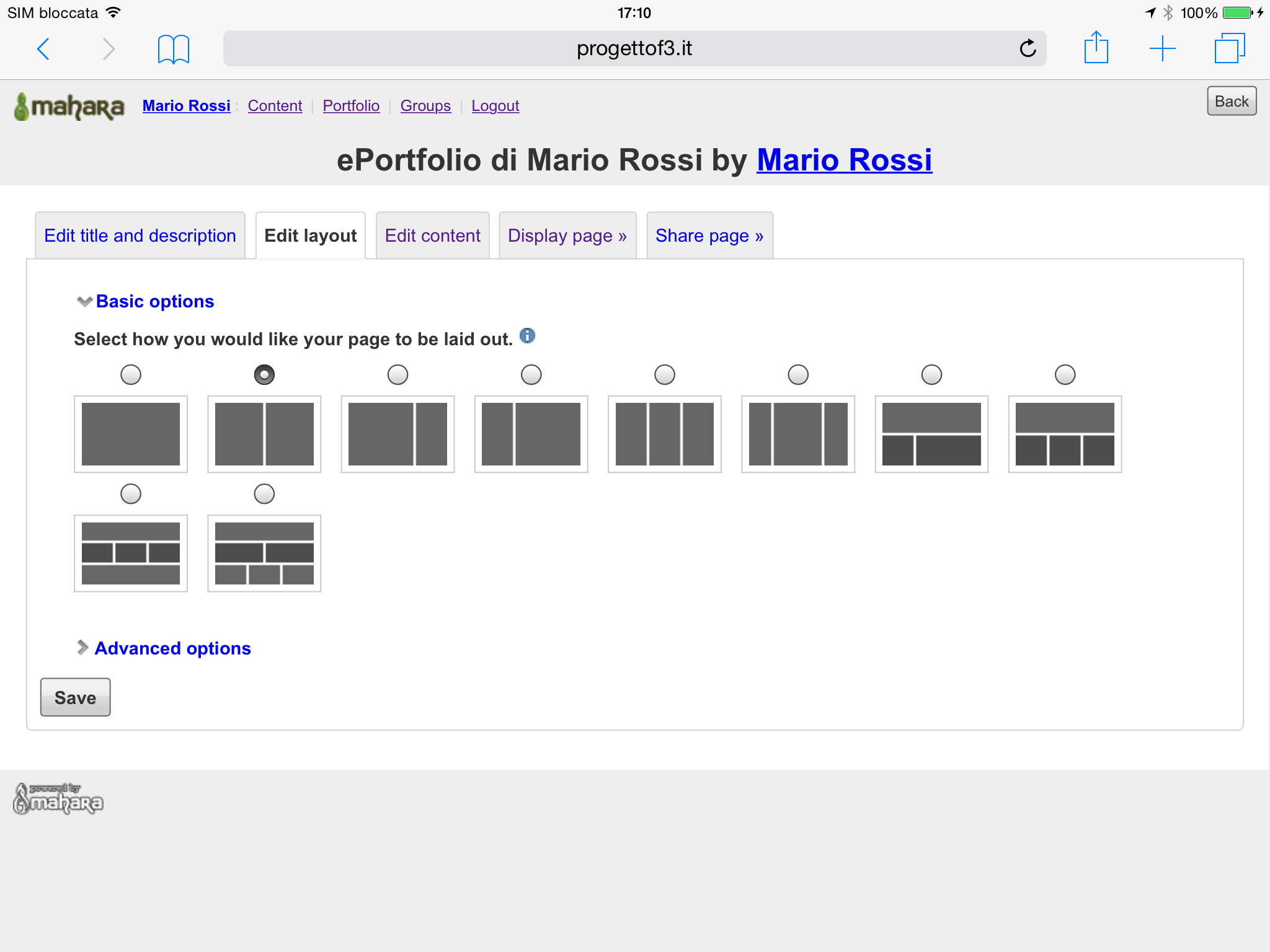 Si apre una pagina che consente di impostare le caratteristiche generali del tuo eportfolio. Inserisci il titolo della pagina personale che accompagna il tuo eportfolio.