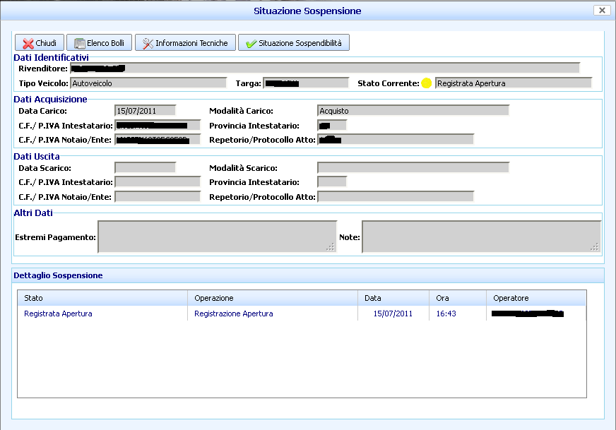 Oltre ai dati inseriti direttamente, nella parte inferiore della maschera viene presentato l iter degli stati di sospensione del veicolo selezionato (da Registrata Apertura a Sospesa e Chiusa,