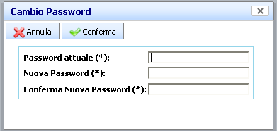 Occorre digitare (per sicurezza) la password corrente e poi la nuova password ripetuta una seconda volta per conferma e fare click sul tasto.