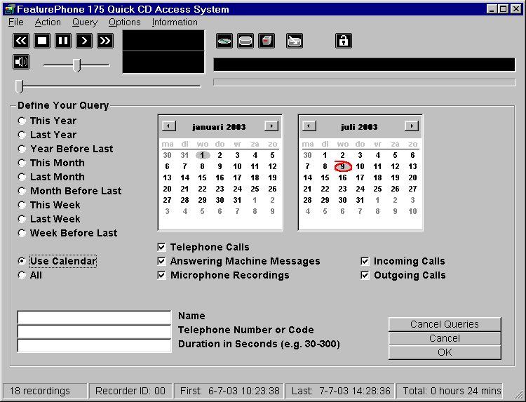 sulla sinistra possono essere selezionate delle scelte relative a quando è avvenuta la registrazione. Cliccare Use Calendar per selezionare una limitazione di date impostata tramite il calendario.