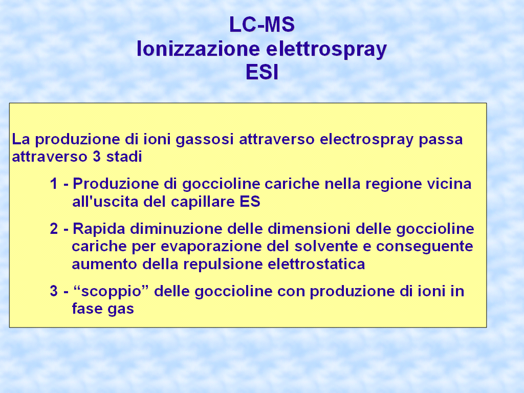 LC-MS Ionizzazion lttrospray ESI La produzion ioni gassosi attravrso lctrospray passa attravrso 3 sta 1 - Produzion gocciol carich nlla rgion vica all'uscita dl capillar