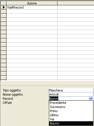 Per la creazione della macro Nuovo articolo che abbiamo scelto, selezioniamo l azione VaiARecord che ci permette di posizionarci su un particolare record della tabella Articoli.