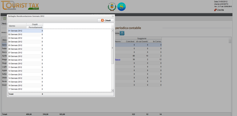 4. Dettaglio dei pernottamenti Dal menù Ospiti, selezionando la funzione Rendicontazione, selezionato l anno e il mese, utilizzando il
