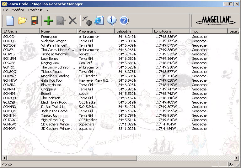 Magellan Geocache Manager 74 Utilizzo dei file di Geocache La figura a fianco illustra un esempio di file di geocache con un elenco di punti di geocache.