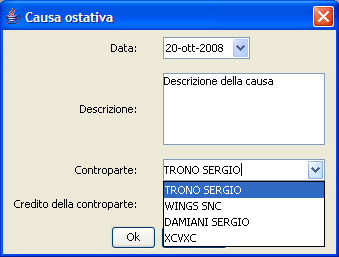 Pag. 160 Figura 115 - Pannello di inserimento dati della Causa Ostativa Il campo che specifica la controparte può essere popolato selezionando uno tra i creditori del fascicoli dalla lista a discesa