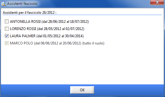 Pag. 176 Figura 134 Assistenti Fascicolo Per ogni assistente della lista si può scegliere se dare o meno l abilitazione alla condivisione del fascicolo, selezionando o deselezionando con il tasto