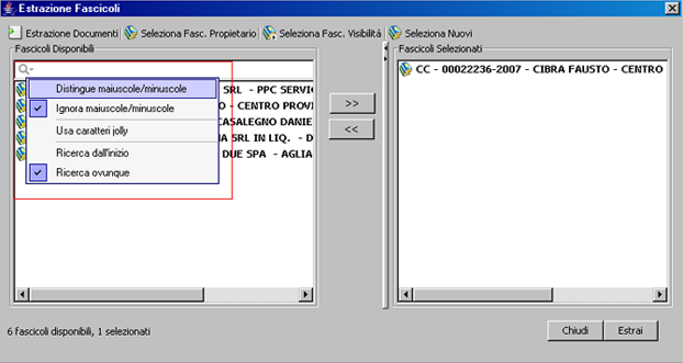 Pag. 80 Figura 27 - Applicazione dei filtri per la ricerca/estrazione dei fascicoli Per attivare l operazione di estrazione premere l icona Estrai, per terminare l estrazione premere l icona