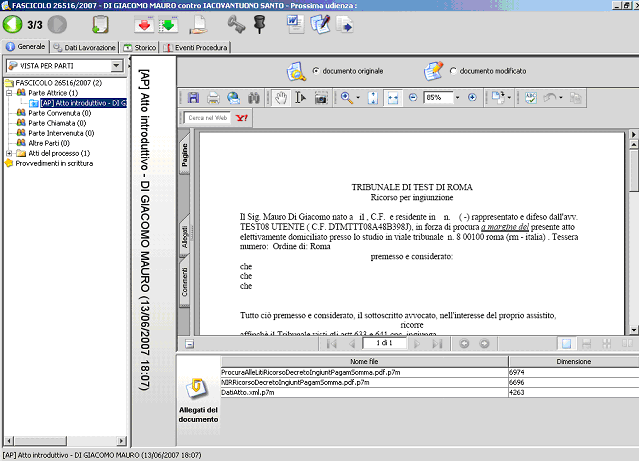 Pag. 92 Figura 41 - Dettaglio di un atto depositato Gli atti ufficiali del fascicolo sono visibili solo se è stata eseguita l operazione di aggiornamento dei documenti del fascicolo, altrimenti