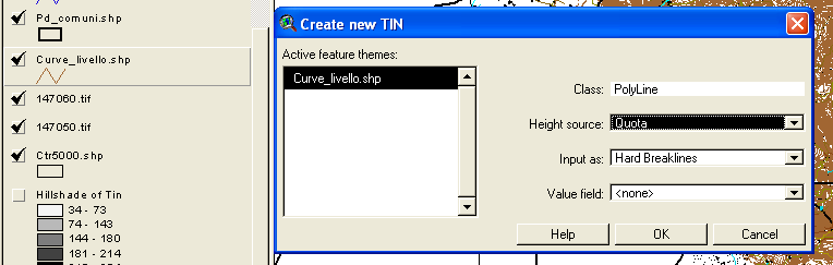 La sua generazione è ottenuta tramite i seguenti comandi: dopo aver selezionato il livello Curve_livello.shp, selezionare Surface Create TIN.