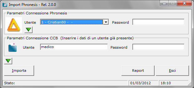Eseguire il programma esterno IMPORT PHRONESIS con un doppio clic sulla relativa icona creata sul Desktop dalla procedura di installazione.
